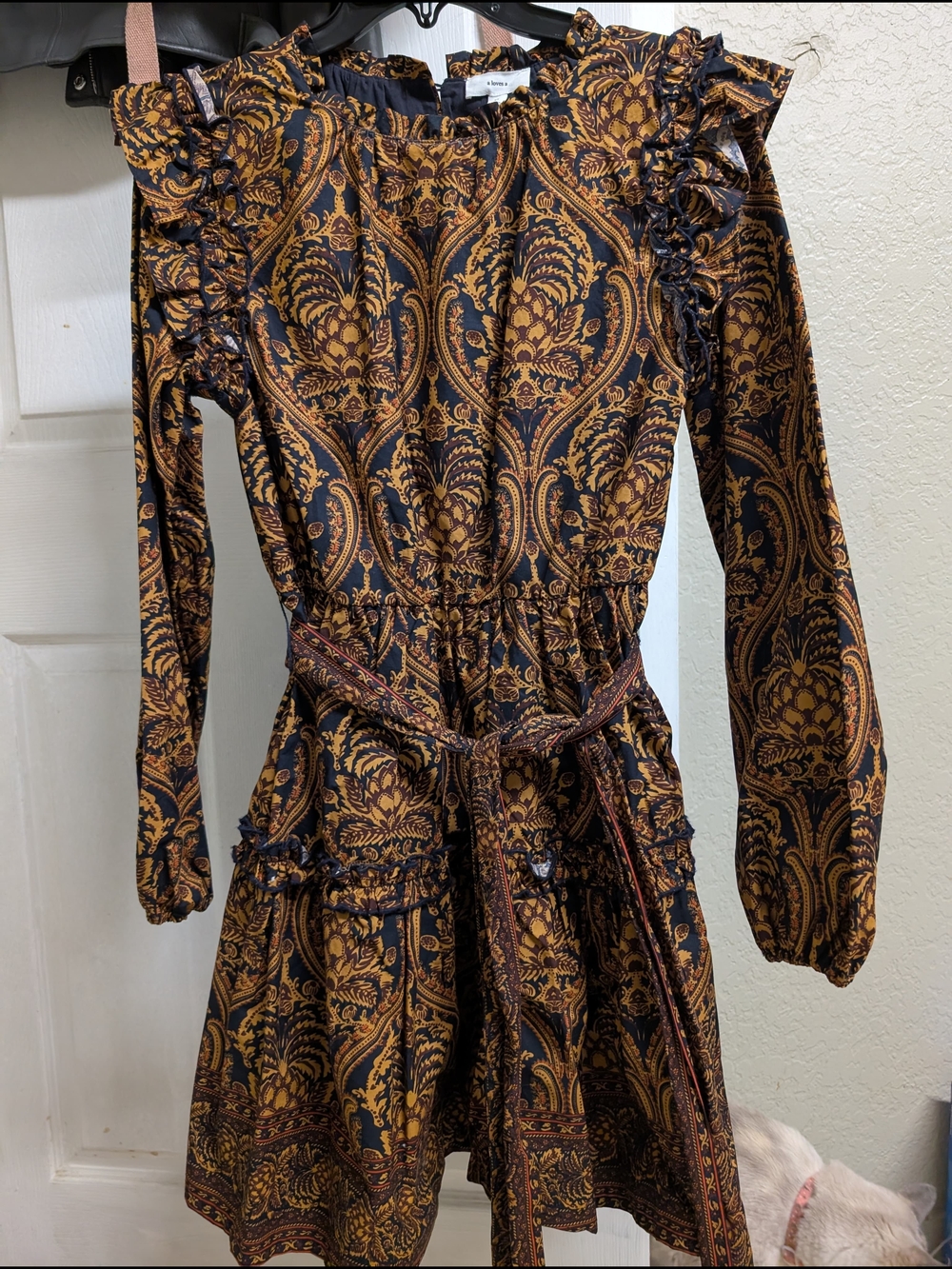Boho Paisley Ruffle Long-Sleeve Dress in Mustard Black